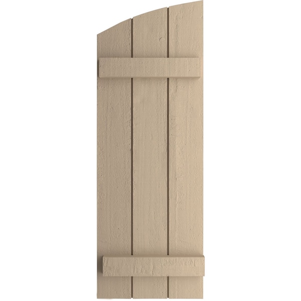 Rough Cedar 3 Board Joined Board-n-Batten W/Elliptical Top Faux Wood Shutters, 16 1/2W X 32H